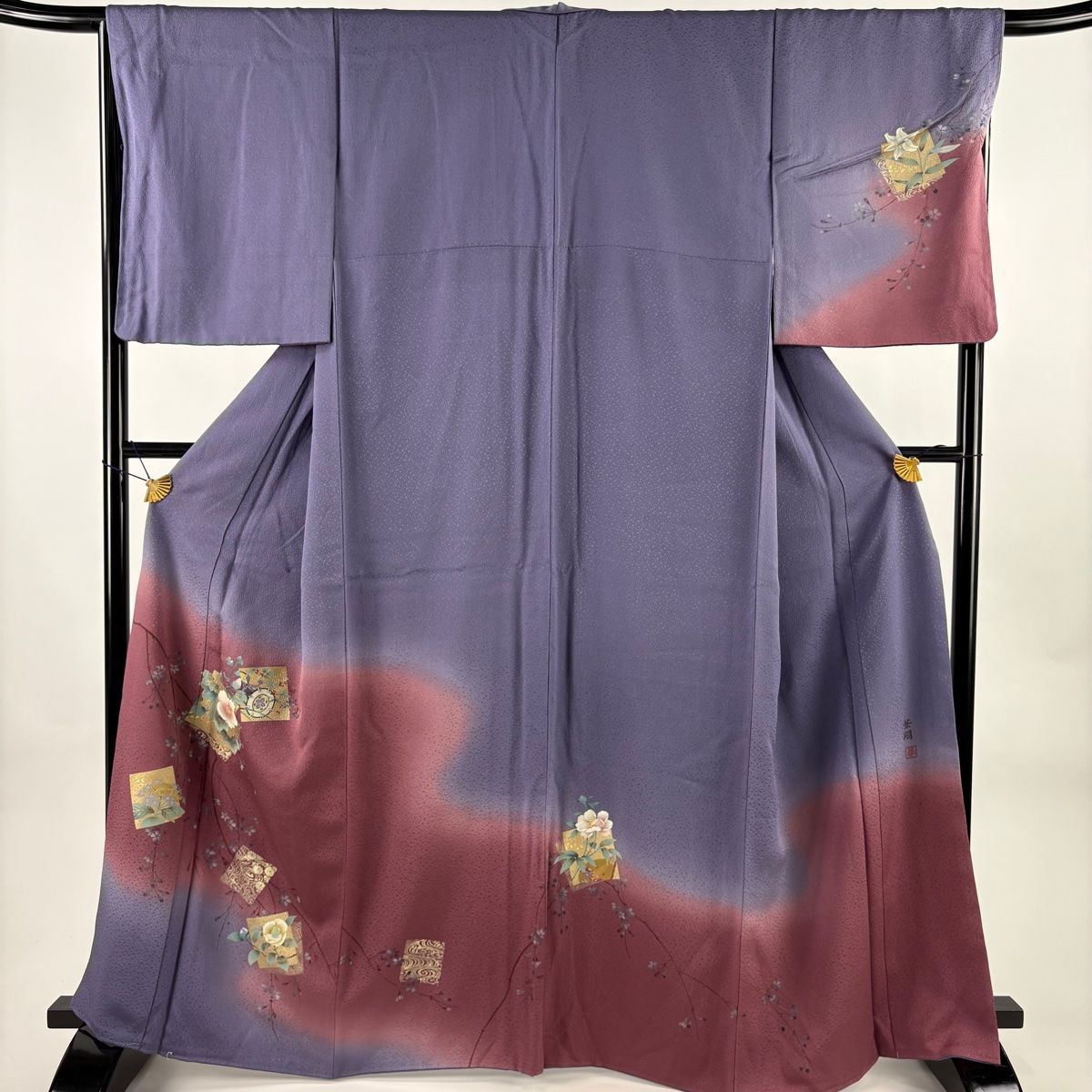付下げ 身丈163cm 裄丈68cm L 袷 落款 枝花 鼓 金彩 染め分け 薄紫