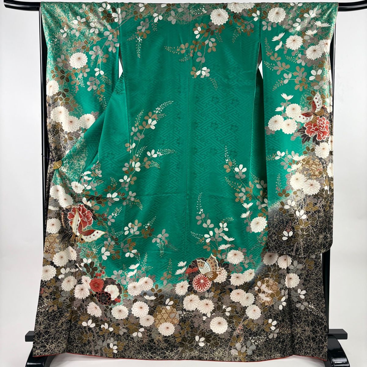 振袖 正絹 袷 蝶 藤 菊 緑 金通し 身丈約166cm 着物 状態良好 振袖 身丈169cm 裄丈66cm M 袷 蝶 菊 金糸 金彩 緑 正絹 秀品 【中古