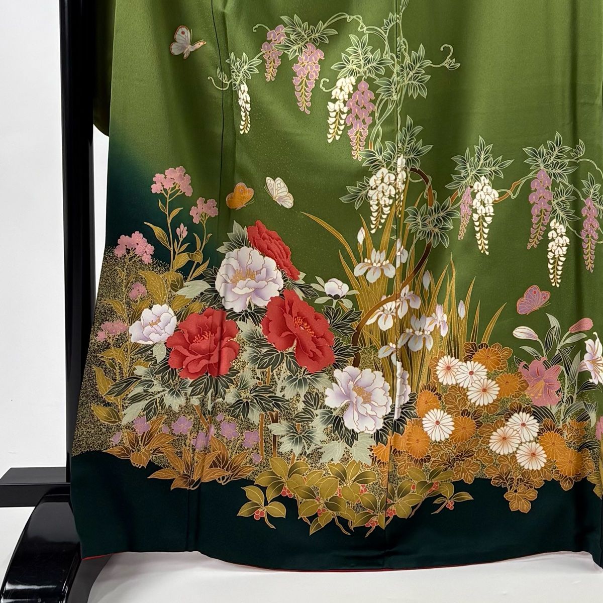 振袖 身丈165.5cm 裄丈68.5cm L 袷 牡丹 藤 金彩 染分け よもぎ色 正絹
