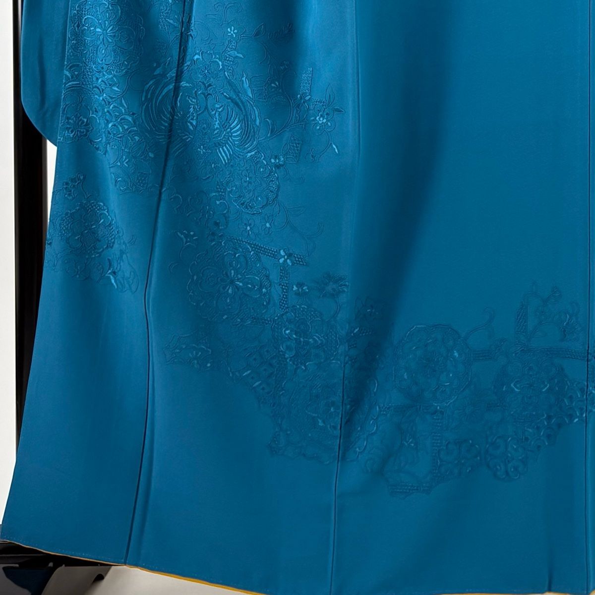 振袖 身丈161.5cm 裄丈68cm L 袷 向かい鳥 華文 刺繍 青緑 正絹