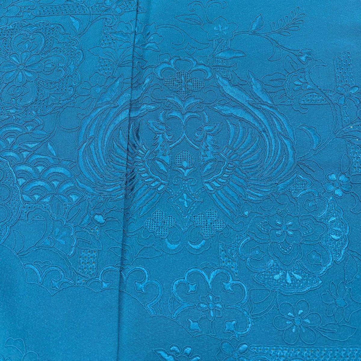 振袖 身丈161.5cm 裄丈68cm L 袷 向かい鳥 華文 刺繍 青緑 正絹