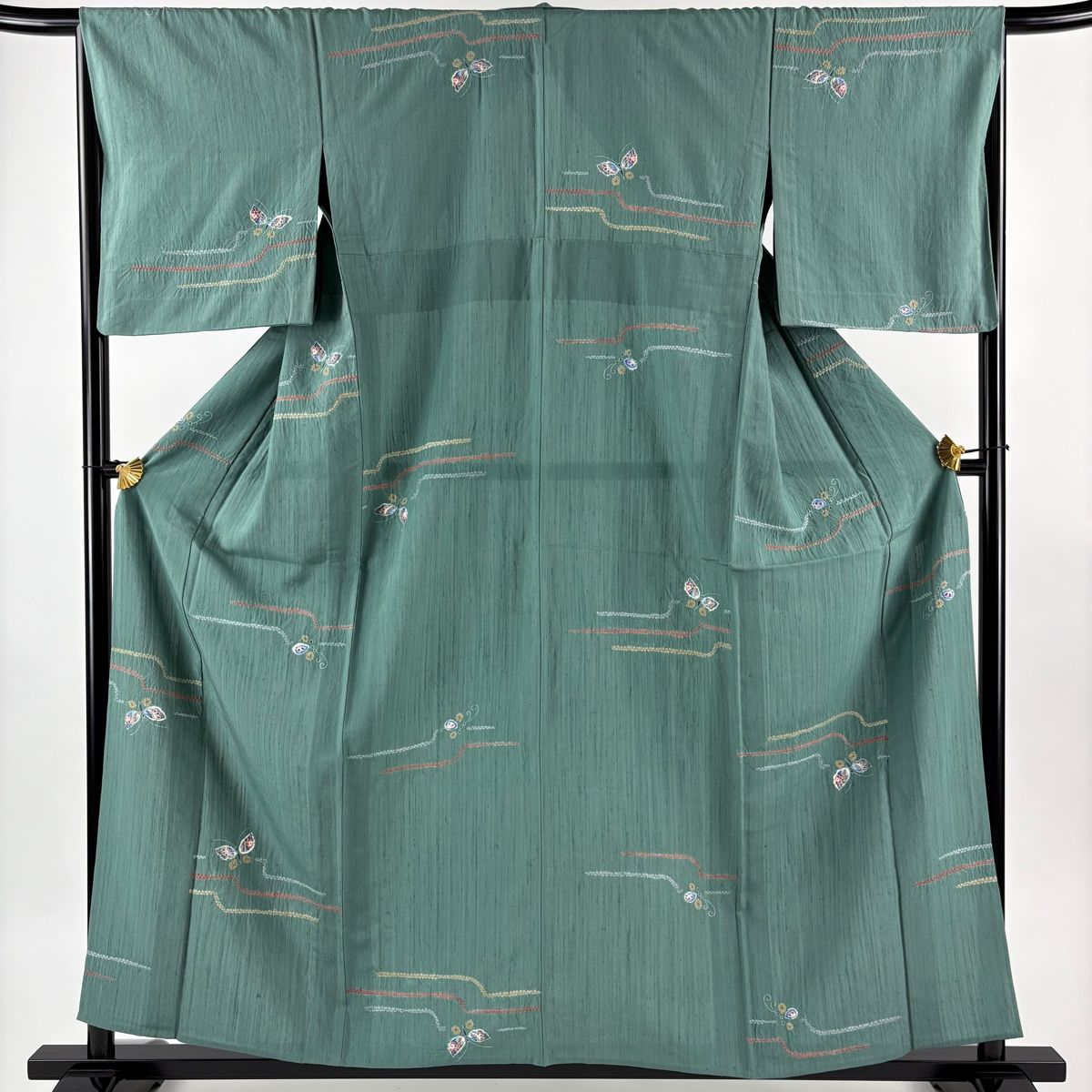 小紋 身丈158 cm 裄丈65 M 単衣 紬地 蝶 草花 絞り 灰緑 正絹 秀品