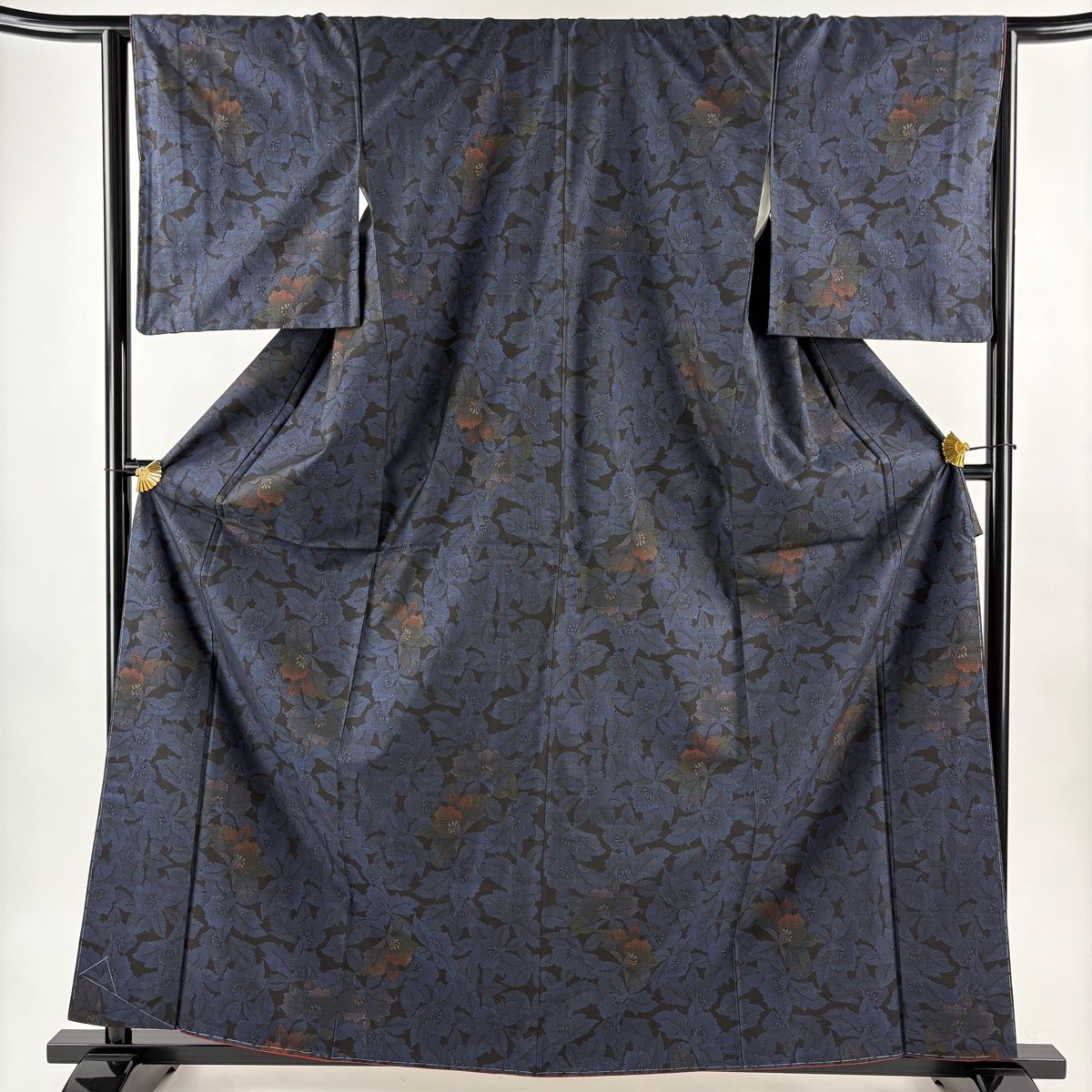 紬 身丈163 cm 裄丈65 M 袷 草花 濃紺 正絹 秀品