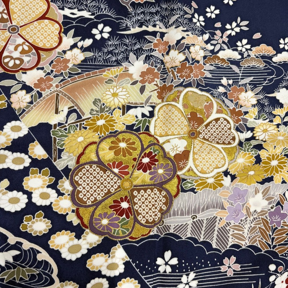 訪問着 身丈168cm 裄丈66.5cm M 袷 胴抜き 桜 松竹梅 金糸 金彩 紺色