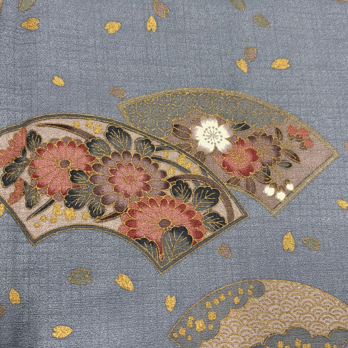  道中着 身丈95 5 cm 裄丈68 L 和装コート 着物衿 扇面 草花 金彩 青灰色 正絹 秀品 羽織 着物 浴衣