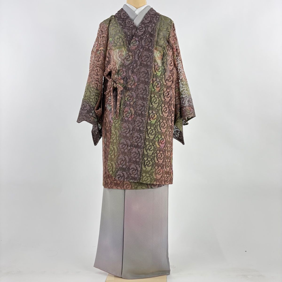 道中着 身丈94 5 cm 裄丈66 M 和装コート 着物衿 花 縞 赤紫 正絹 秀品