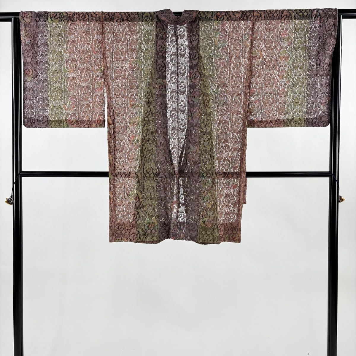 道中着 身丈94 5 cm 裄丈66 M 和装コート 着物衿 花 縞 赤紫 正絹 秀品