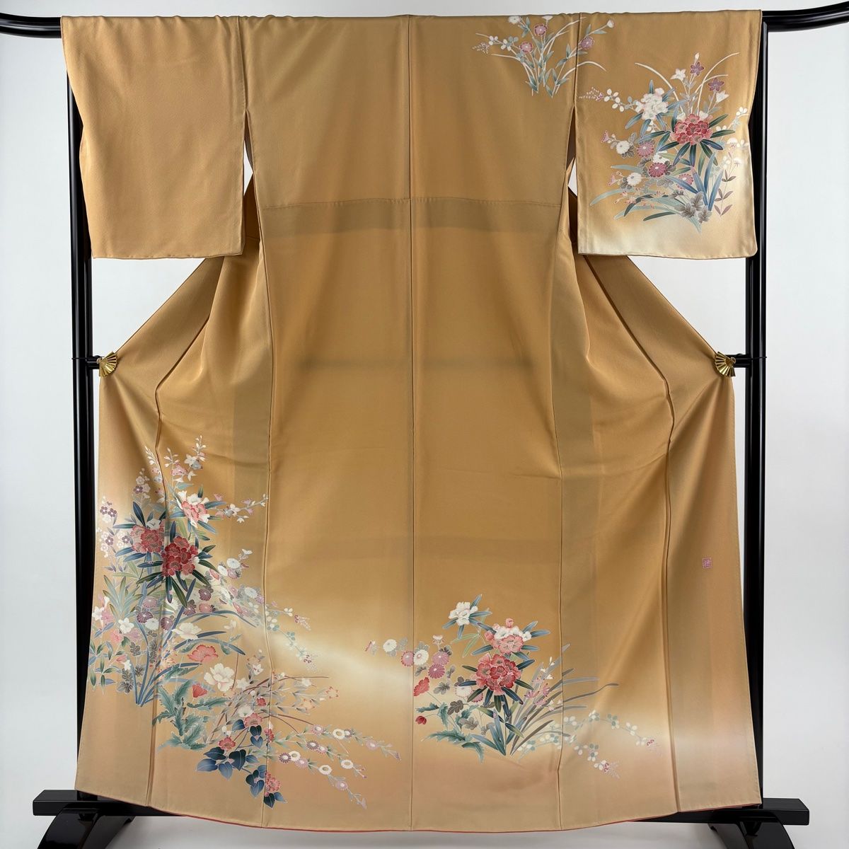 訪問着 身丈162cm 裄丈66.5cm M 袷 落款 草花 ぼかし 薄茶色 正絹 秀品