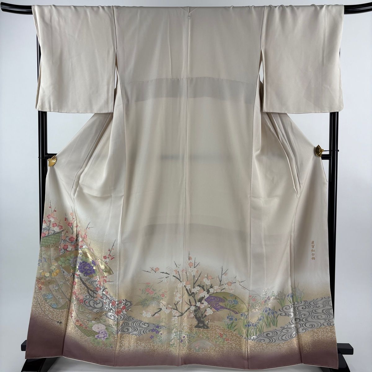 色留袖 身丈165 5 cm 裄丈69 L 袷 扇面 慶賀紅白梅 金銀糸 ぼかし ベージュ 正絹 秀品 一つ紋