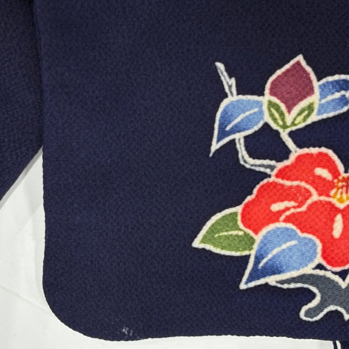 小紋 身丈162cm 裄丈66cm M 袷 椿 桜 縮緬 濃紺 正絹 秀品 【中古