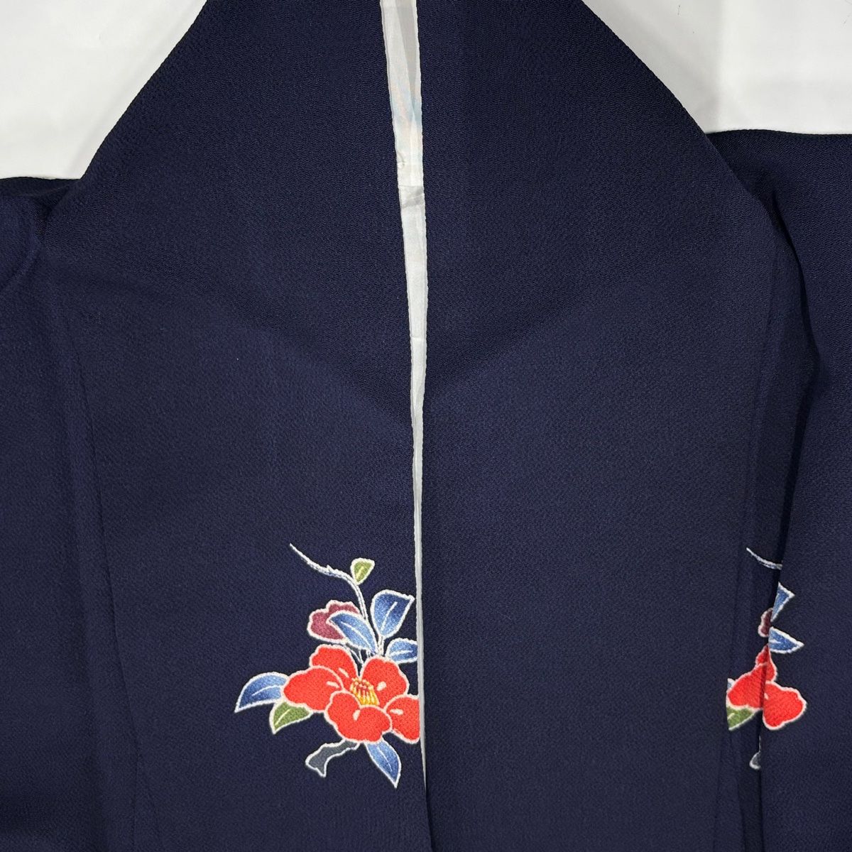 小紋 身丈162cm 裄丈66cm M 袷 椿 桜 縮緬 濃紺 正絹 秀品 【中古