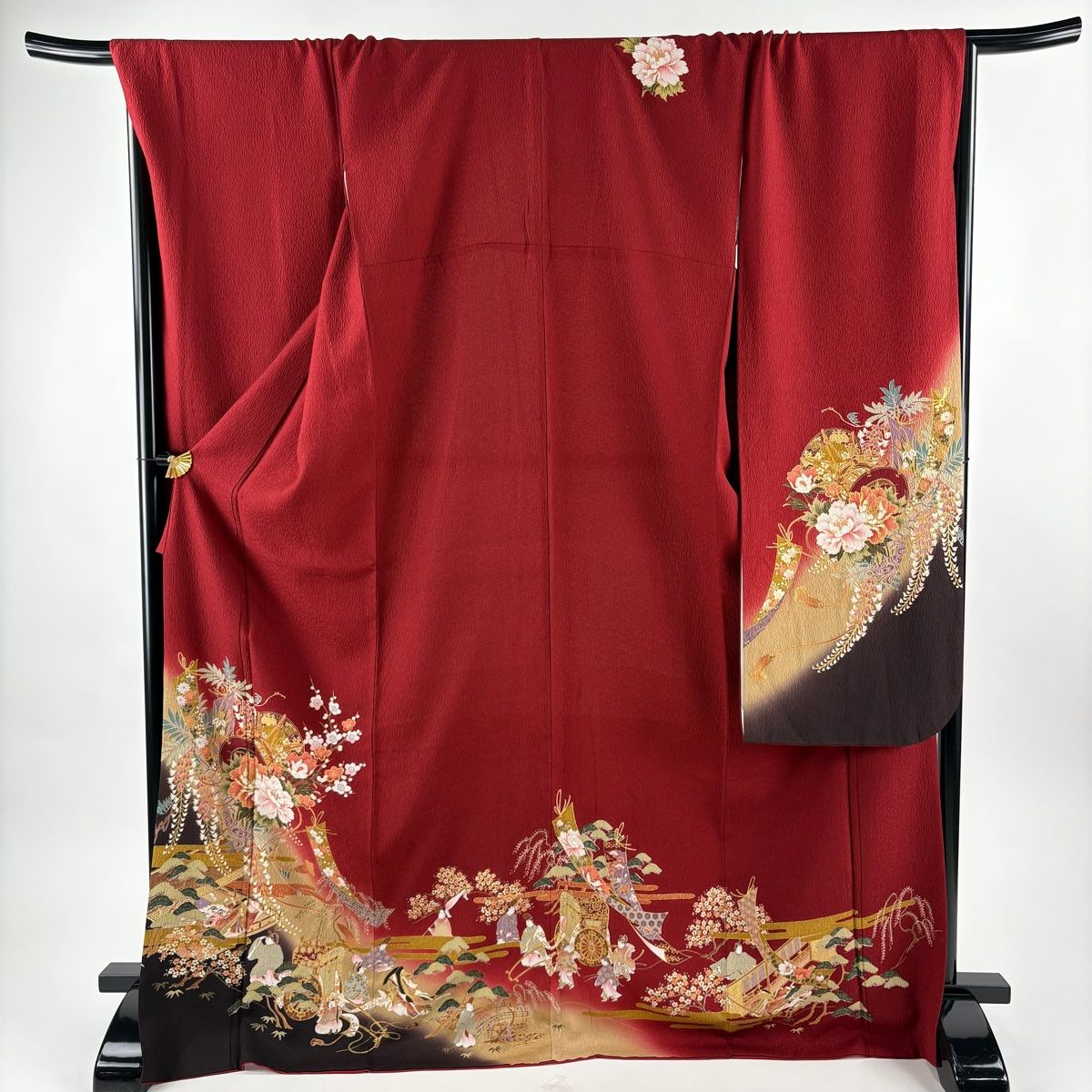 振袖 身丈172.5cm 裄丈71cm L 袷 鼓 枝梅 金彩 染め分け えんじ色 正絹 秀品 【】