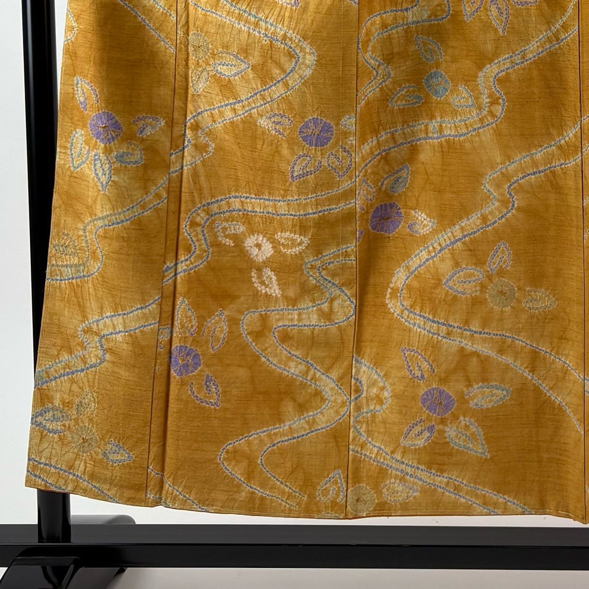 小紋 身丈154 5 cm 裄丈66 M 袷 紬地 草花 流水 絞り 山吹色 正絹 秀品