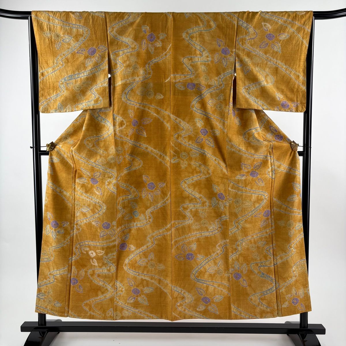 小紋 身丈154 5 cm 裄丈66 M 袷 紬地 草花 流水 絞り 山吹色 正絹 秀品