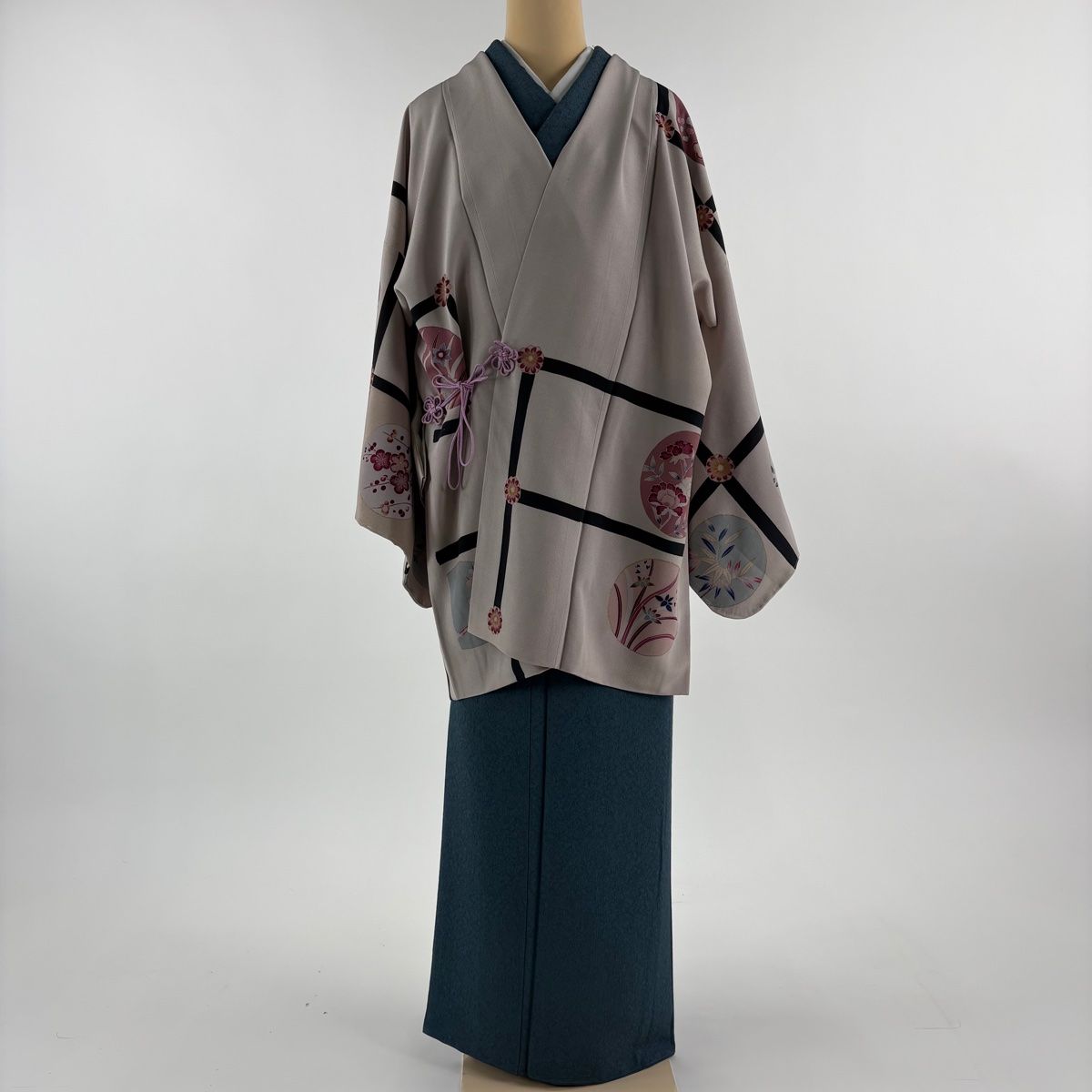 道中着 身丈87 cm 裄丈69 L 和装コート 草花 丸文 金彩 金糸 薄小豆 正絹 秀品