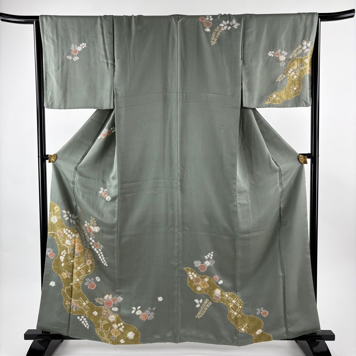 訪問着 身丈162cm 裄丈66cm M 袷 草花 道長取り 金彩 絞り 灰緑 正絹 秀品 【】