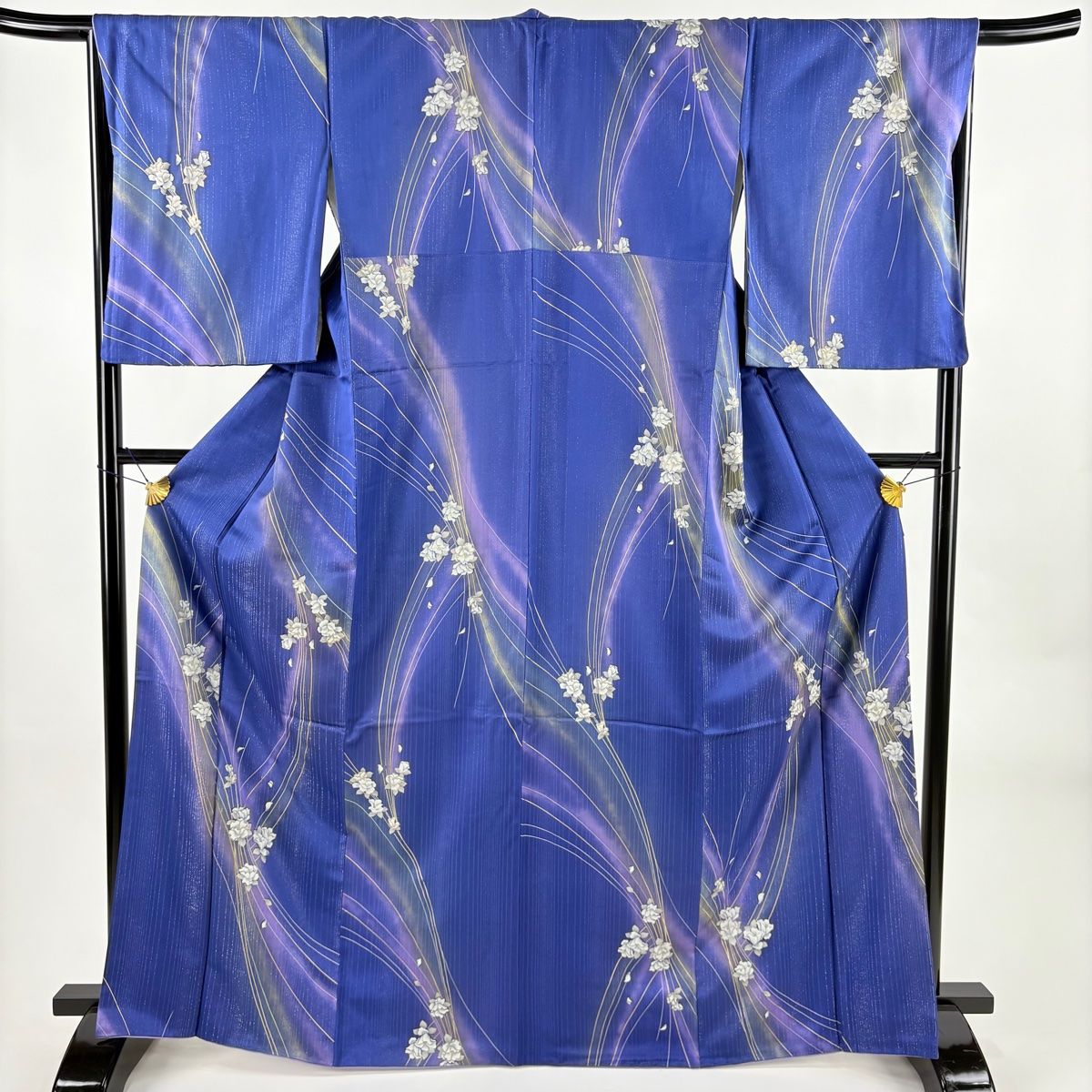 小紋 身丈166 cm 裄丈67 M 袷 鈴乃屋 草花 縞 銀通し 金彩 青紫 正絹 秀品