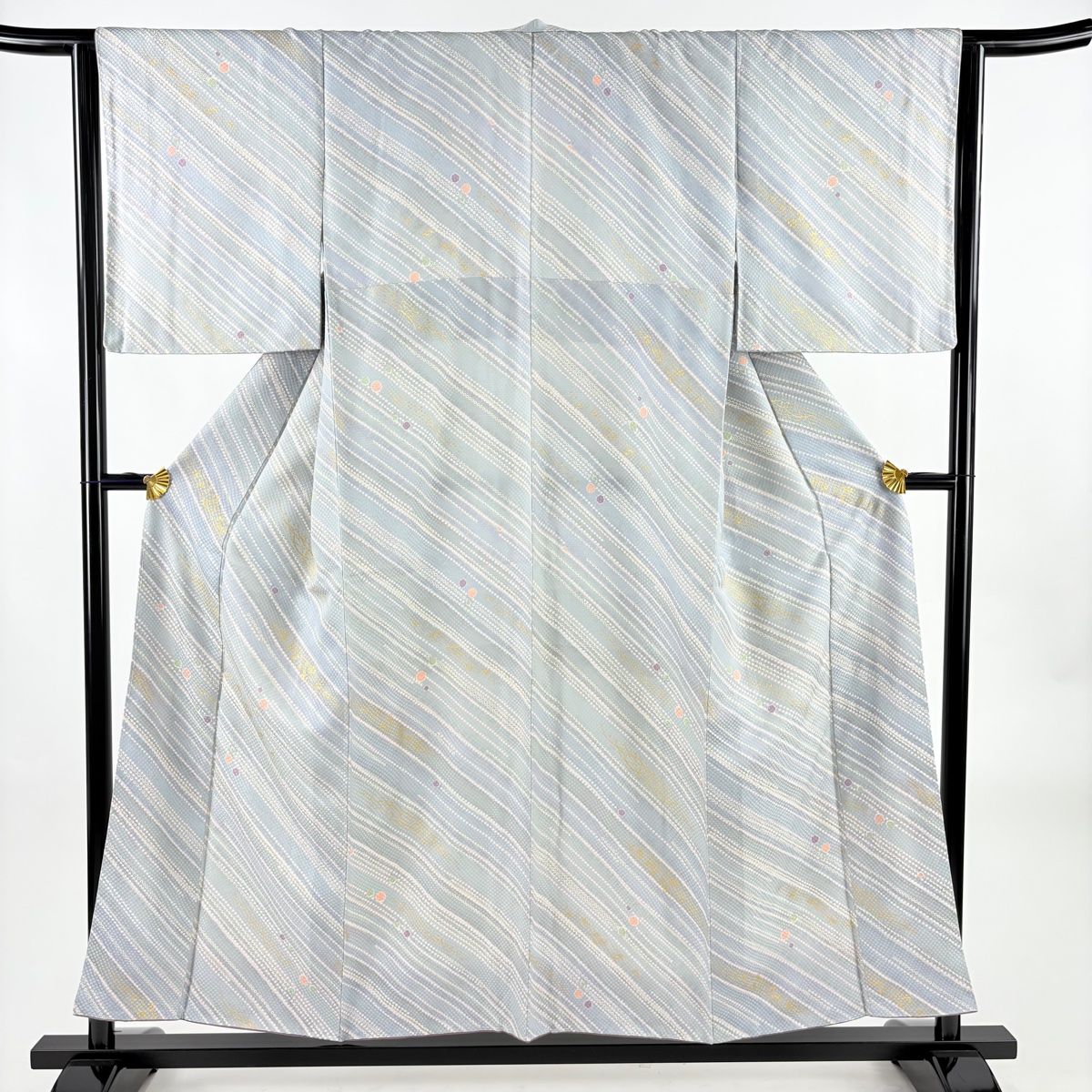 小紋 身丈155 cm 裄丈63 5 S 袷 斜縞 草花 金彩 青灰色 正絹 秀品