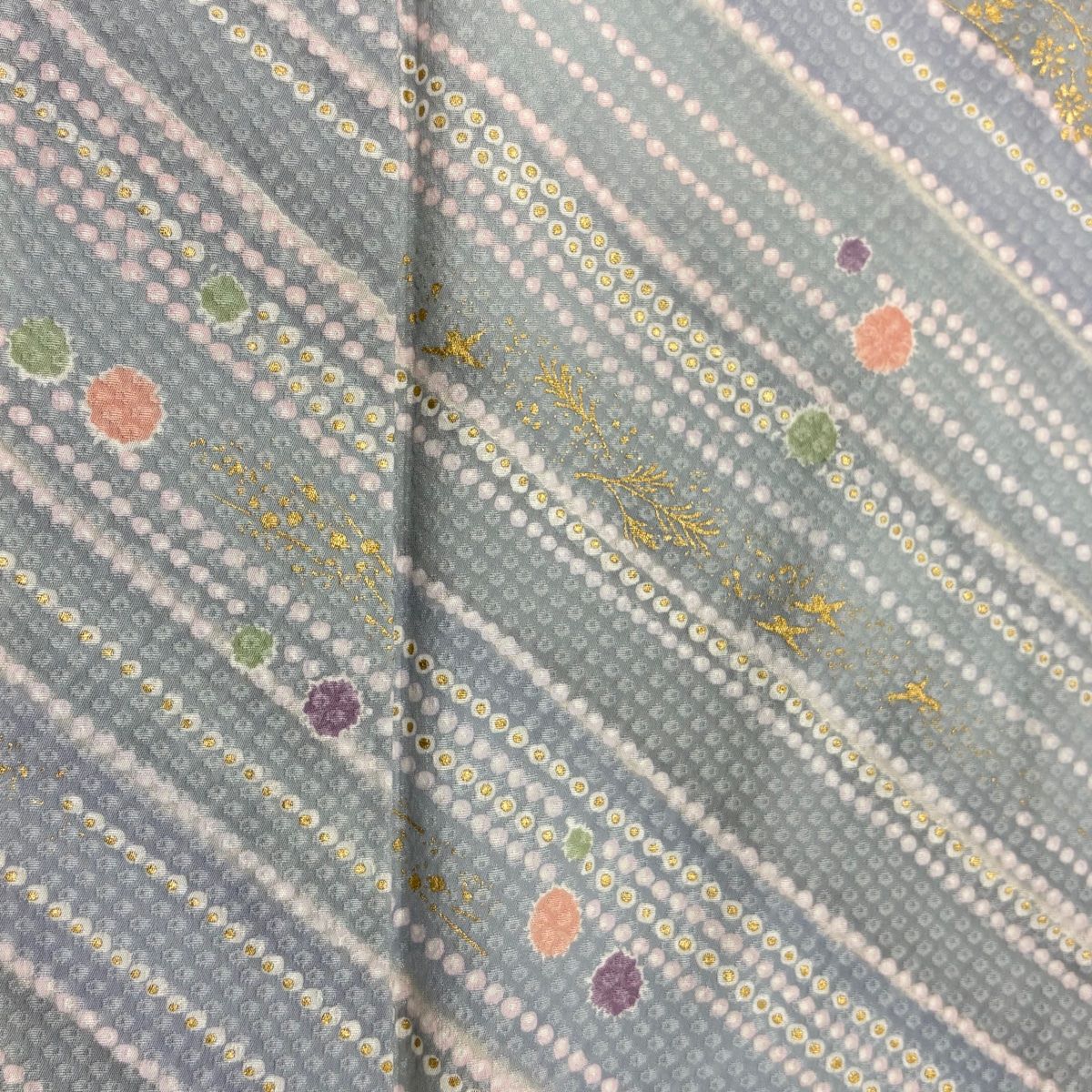  小紋 身丈155 cm 裄丈63 5 S 袷 斜縞 草花 金彩 青灰色 正絹 秀品 小紋 着物