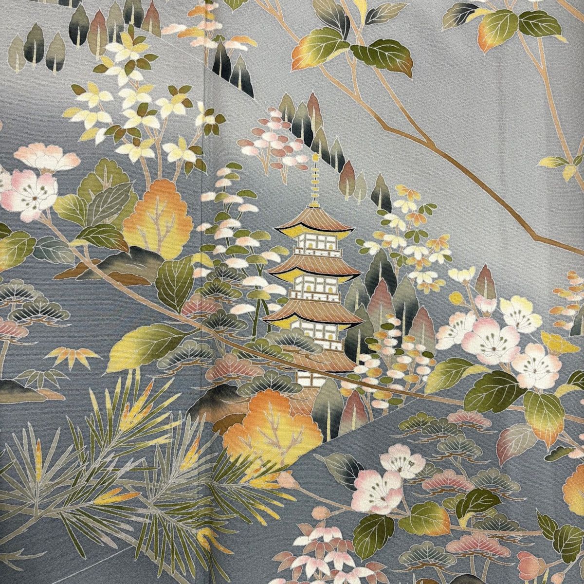 訪問着 身丈156cm 裄丈64cm M 袷 落款 建物 枝花 ぼかし 青灰色 正絹