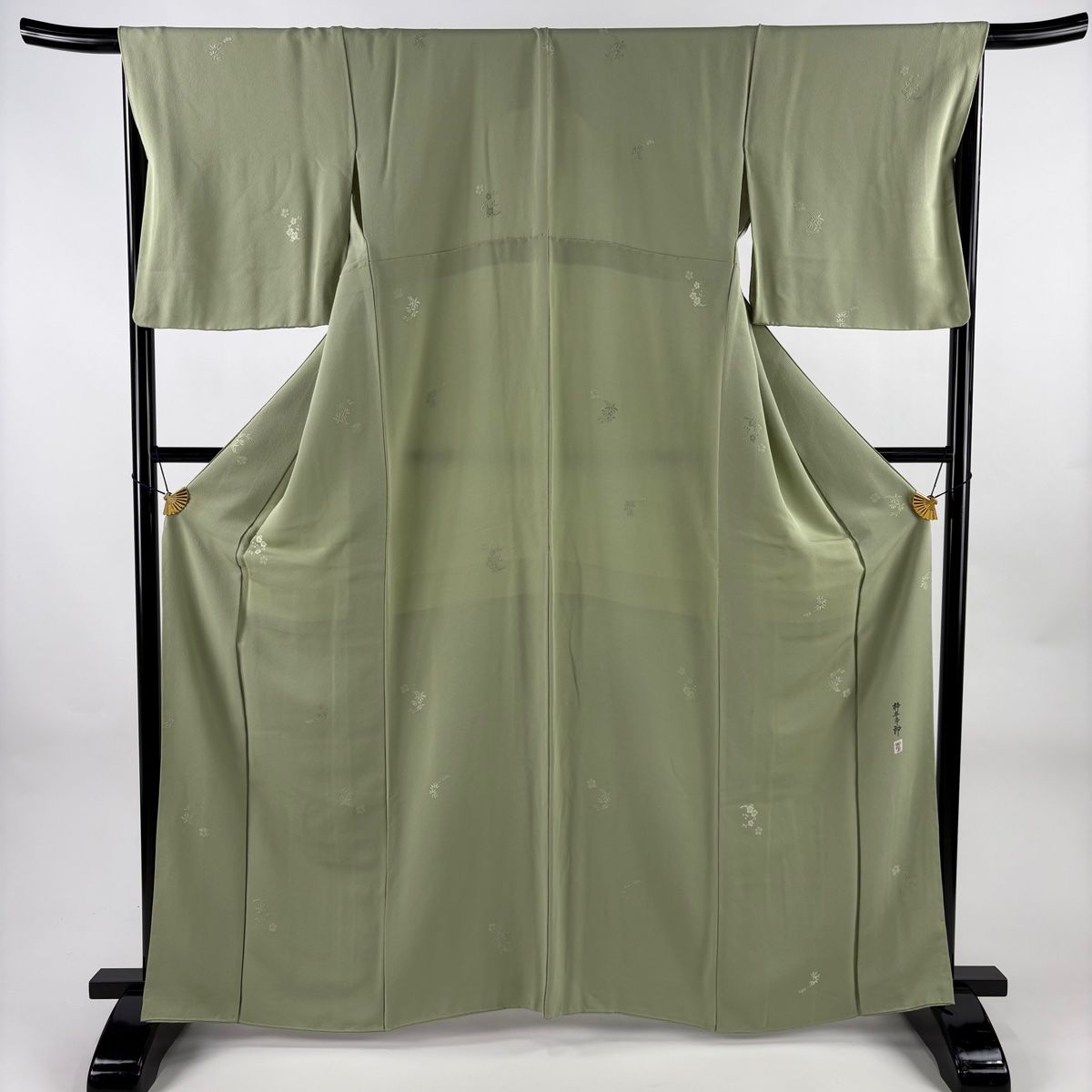 色無地 身丈163cm 裄丈67cm M 袷 柿本市郎 落款 地紋 薄緑 正絹 秀品