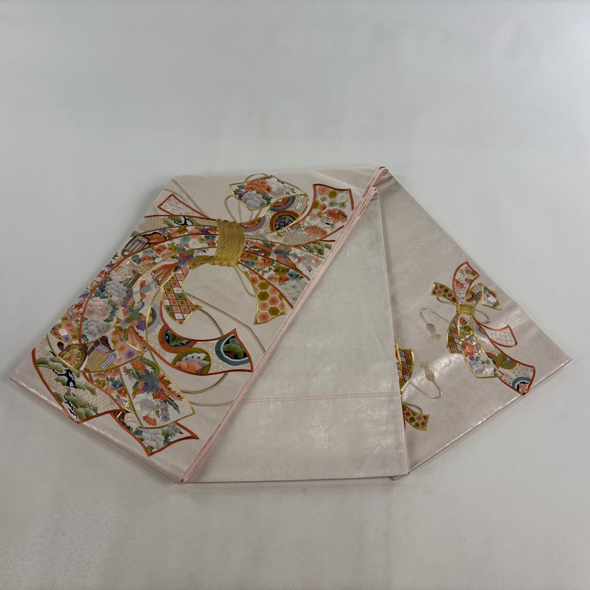 袋帯 名品 束ね熨斗 花鳥 中国刺繍 金糸 薄ピンク お太鼓柄 正絹