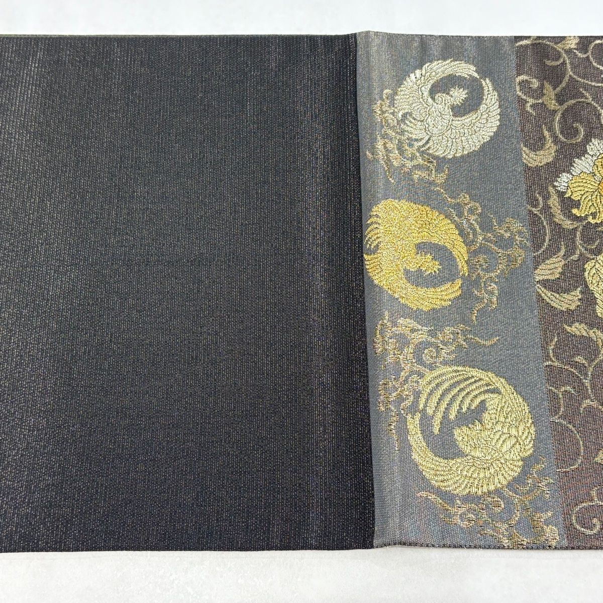 美品】 袋帯 名品 鳳凰 唐草 金銀糸 箔 茶緑色 六通 正絹 【中古