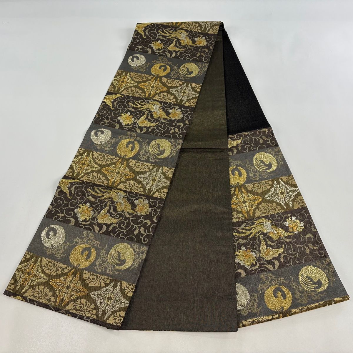 美品】 袋帯 名品 鳳凰 唐草 金銀糸 箔 茶緑色 六通 正絹 【中古