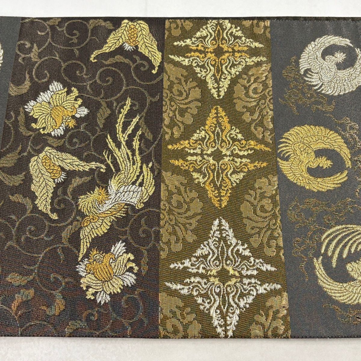 美品】 袋帯 名品 鳳凰 唐草 金銀糸 箔 茶緑色 六通 正絹 【中古