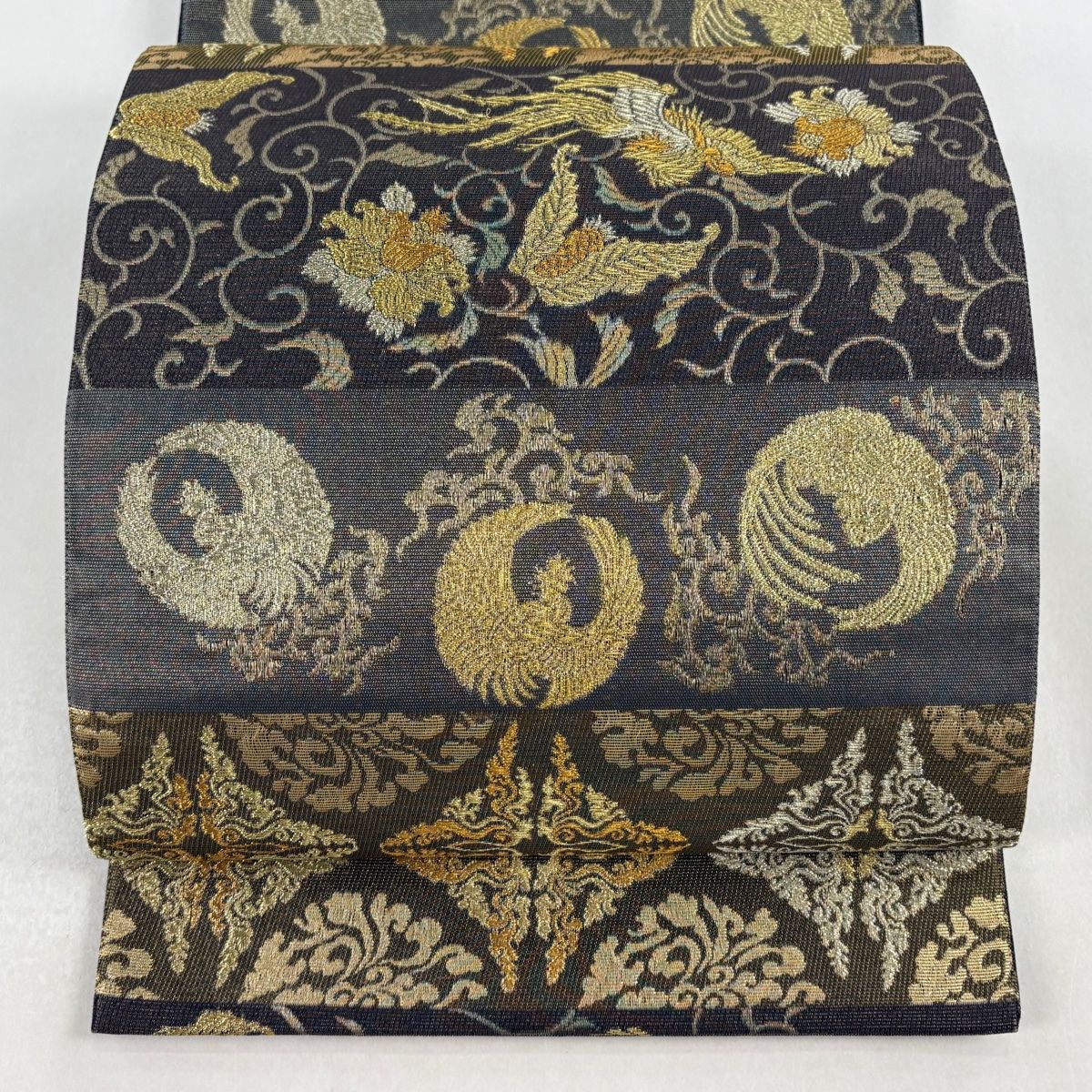 美品】 袋帯 名品 鳳凰 唐草 金銀糸 箔 茶緑色 六通 正絹 【中古