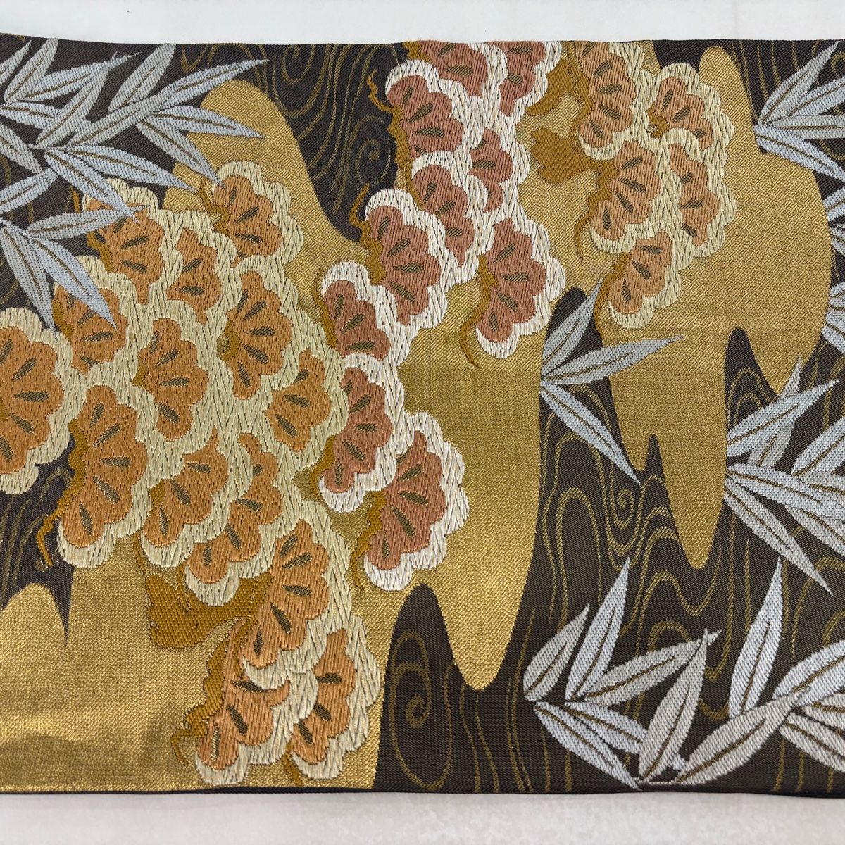 袋帯 名品 川島織物 落款 松竹 流水 唐織 金糸 金茶 六通 正絹 【中古