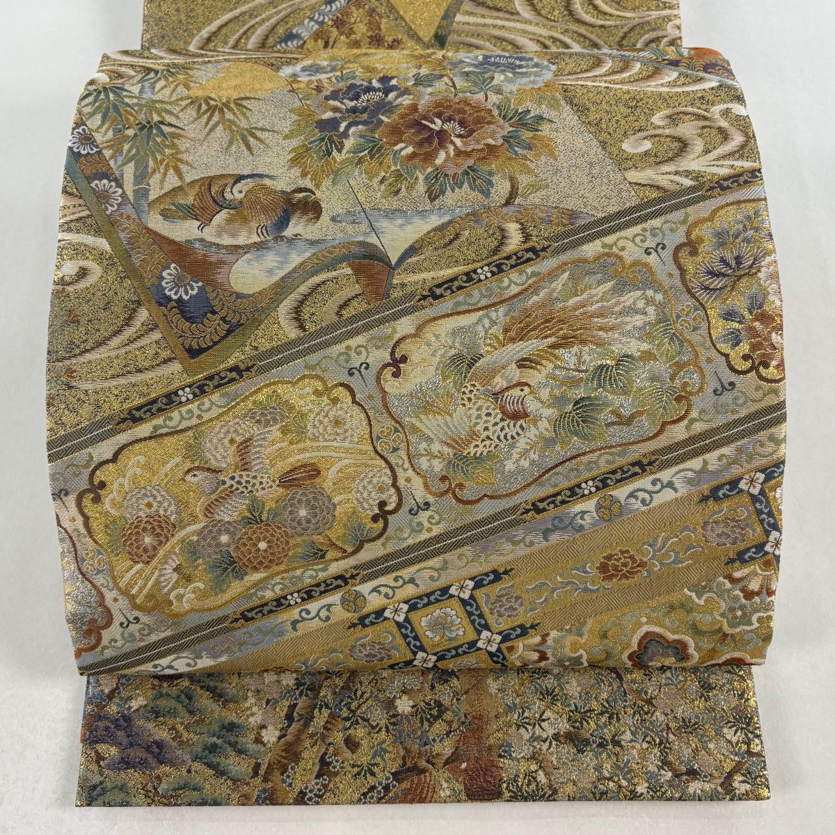 丸帯 温古智新 壱阡八百口織 手先四通り 花鳥 辻が花柄 金糸 本金箔 金色 お太鼓柄 正絹