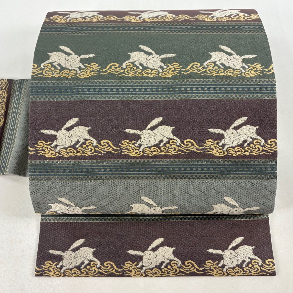 名古屋帯 名品 うさぎ 縞 唐織 箔 灰緑 正絹