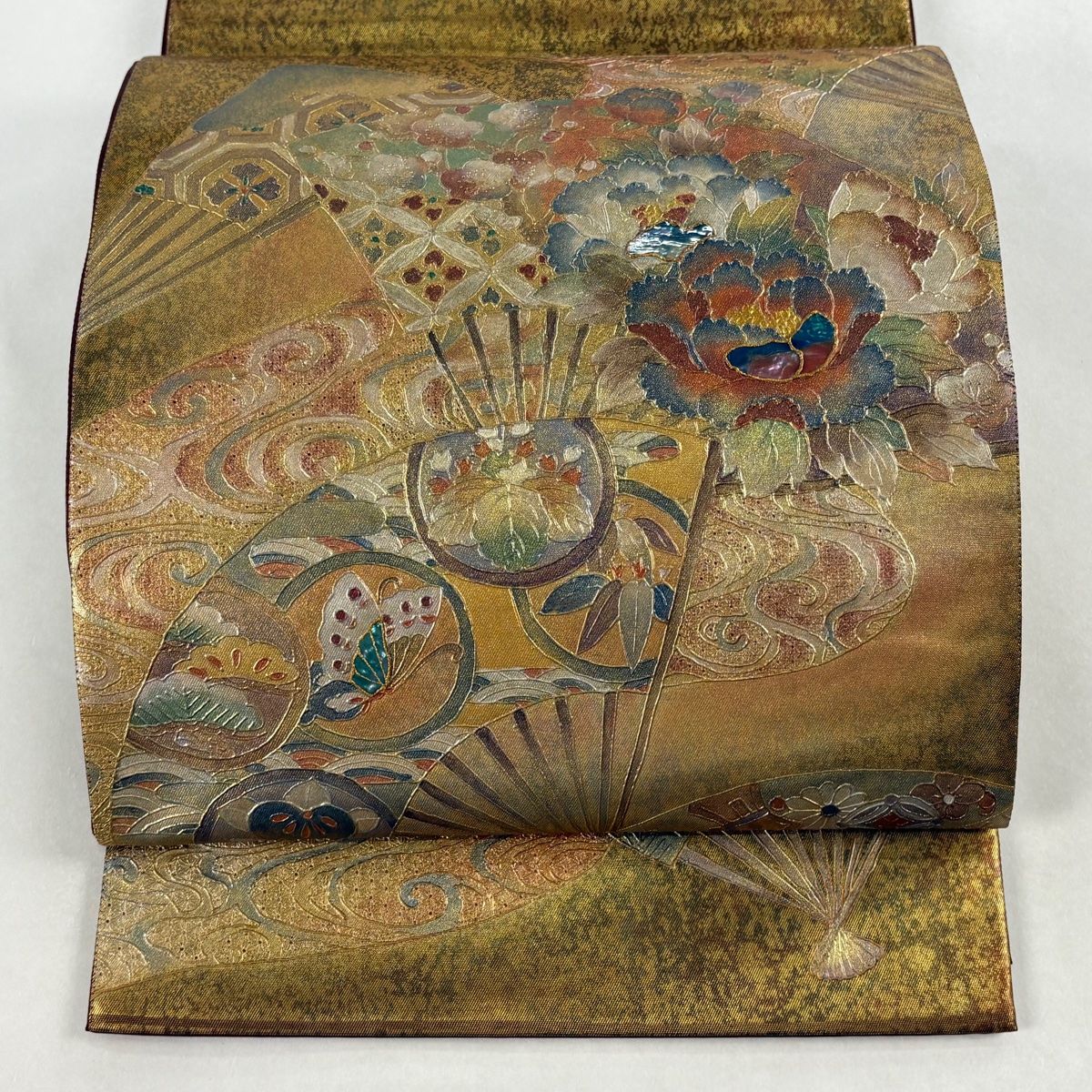 【美品】 袋帯 名品 扇 牡丹 螺鈿 箔 金色 お太鼓柄 正絹 【】