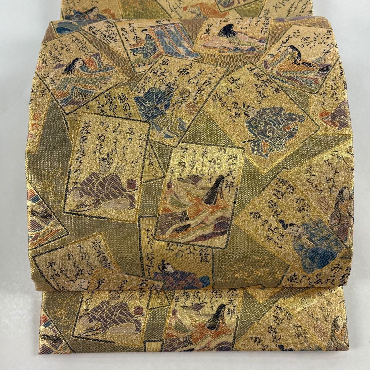 丸帯 かるた 人物 箔 金糸 金色 六通 正絹