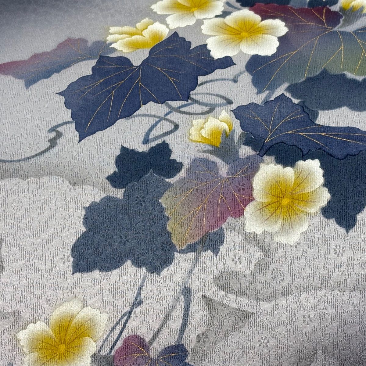 美品】 袋帯 名品 丹下雄介 落款 やまと 草花 シルエット 金彩 灰紫