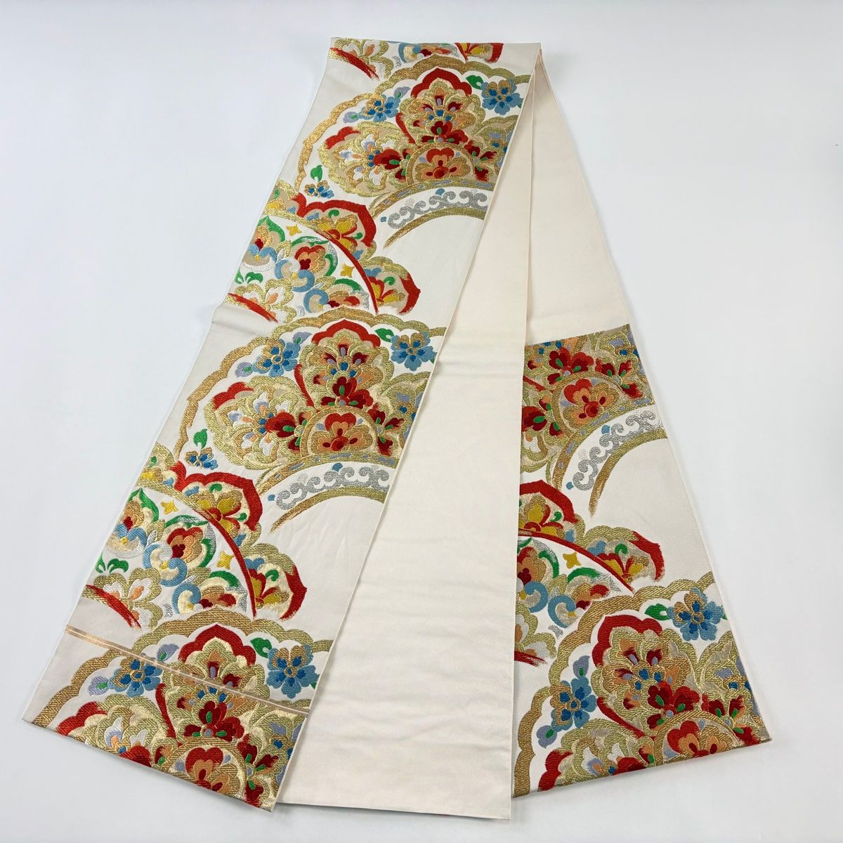 袋帯 名品 川島織物 落款 振袖向き 華文 草花 唐織 金銀糸 クリーム 六