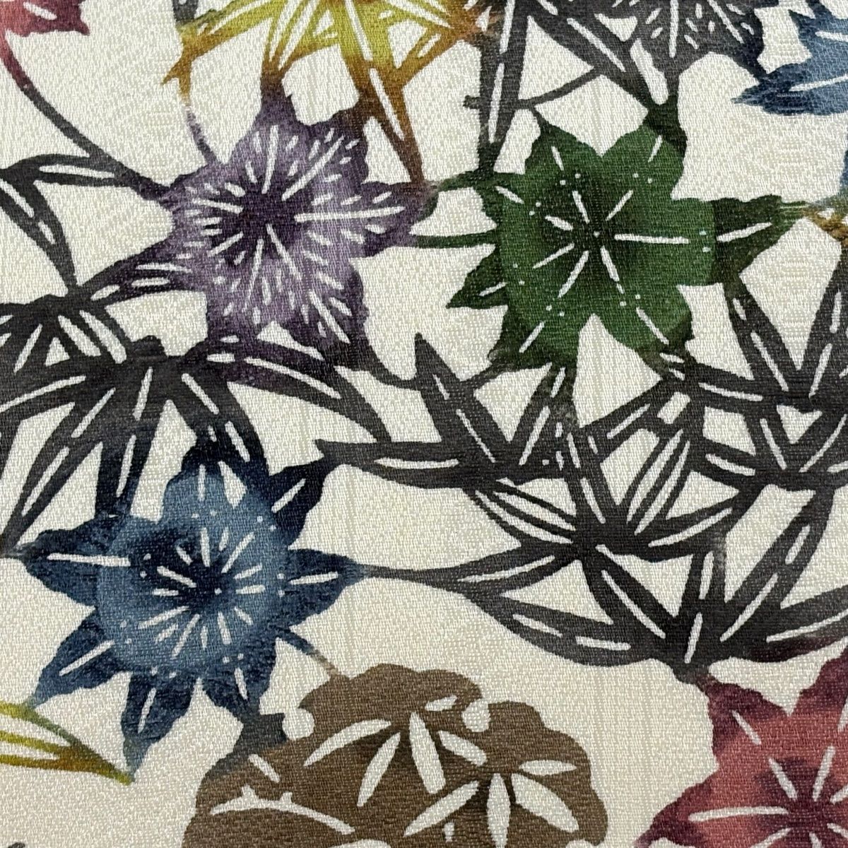 名古屋帯 落款 江戸紅型 雪輪 笹 クリーム 正絹