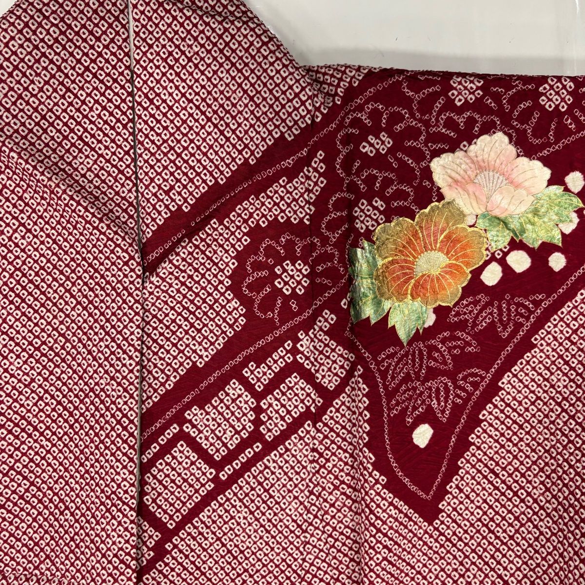 振袖 身丈169cm 裄丈68cm L 袷 熨斗 草花 絞り 刺繍 えんじ色 購入