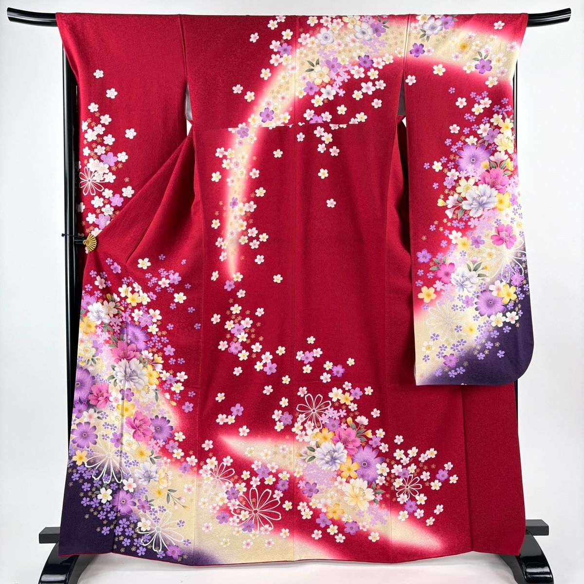 振袖 身丈168cm 裄丈68.5cm L 袷 桜 草花 金彩 ぼかし 赤 正絹 名品