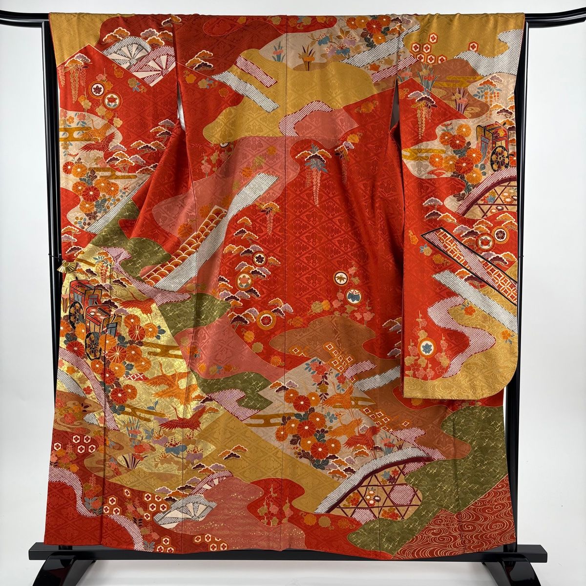 振袖 身丈159cm 裄丈67cm M 袷 御所車 鶴 金糸 金彩 朱色 正絹 名品