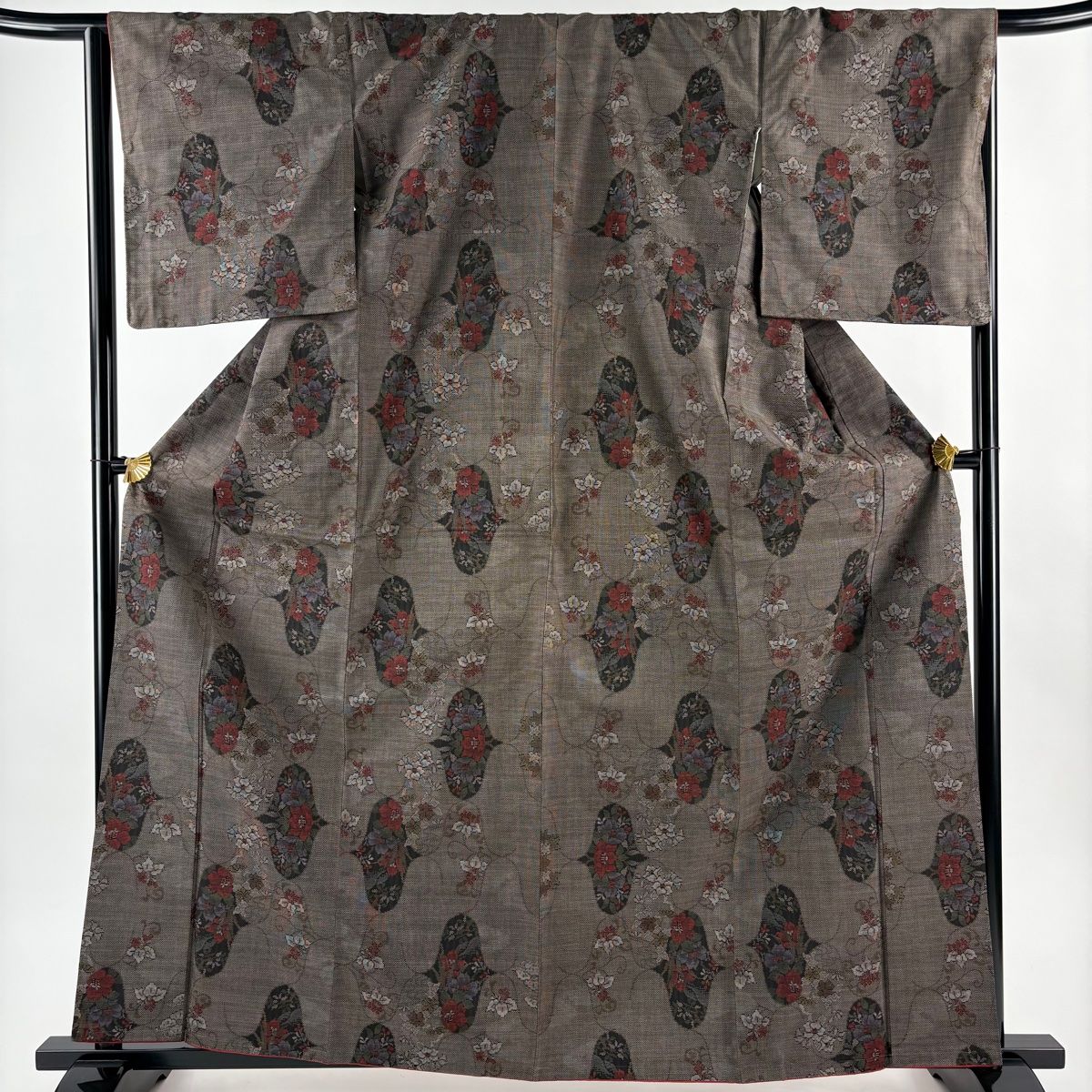 大島紬 身丈163 cm 裄丈65 5 M 袷 純泥染 証紙 草花 焦茶色 正絹