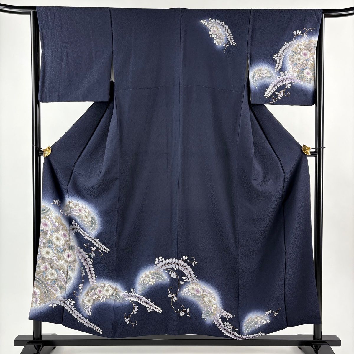 508mh46☆訪問着 辻が花文様 唐絞り 金彩 紫☆しつけ付き美品 訪問着 身丈155.5cm 裄丈63.5cm S 袷 辻が花柄 金彩 ぼかし 紺色
