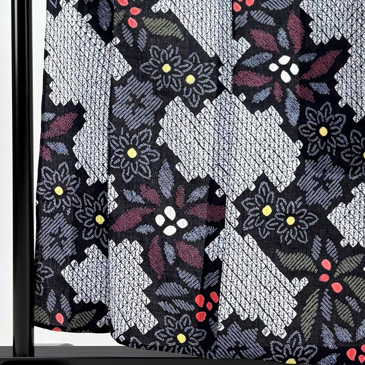 浴衣 身丈158 cm 裄丈63 S 絞り浴衣 草花 幾何学模様 濃紺 綿