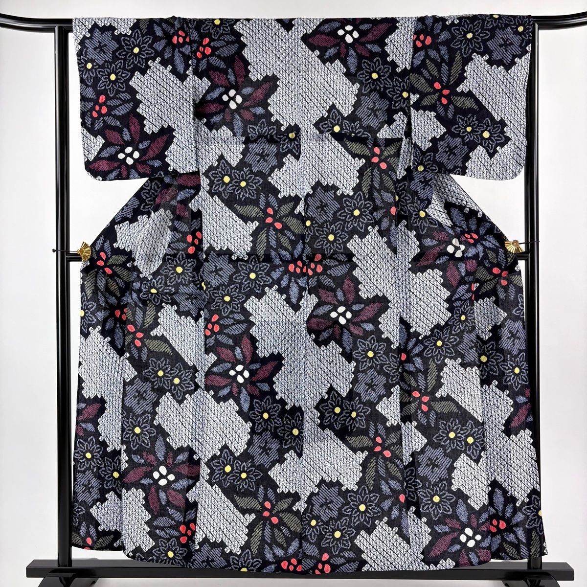 浴衣 身丈158 cm 裄丈63 S 絞り浴衣 草花 幾何学模様 濃紺 綿