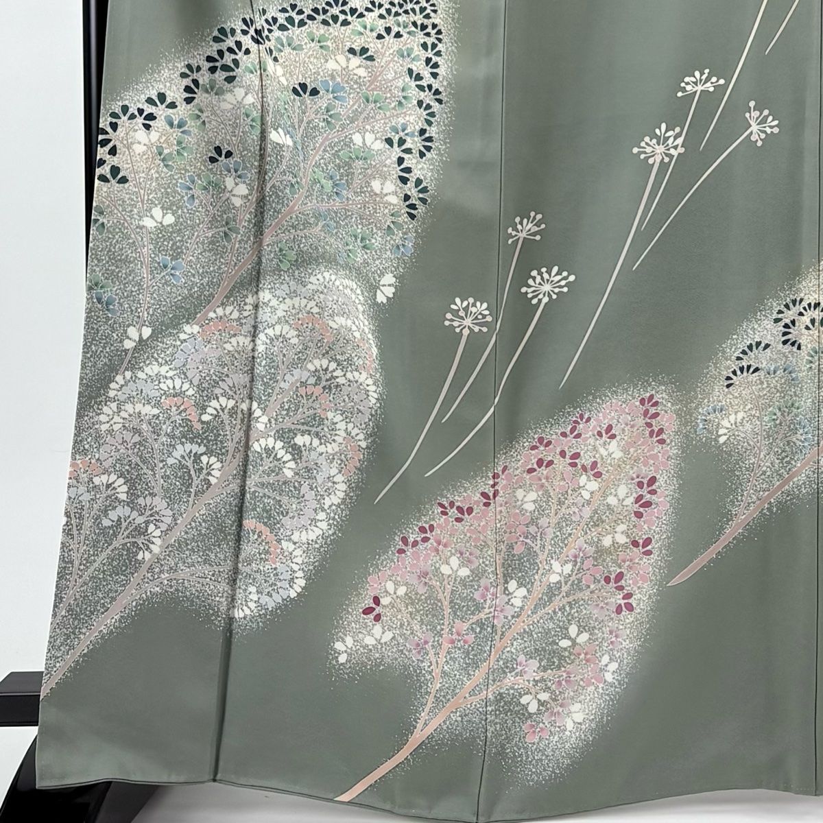 訪問着 身丈167cm 裄丈70cm L 袷 樹木 花 ぼかし 灰緑 正絹 名品