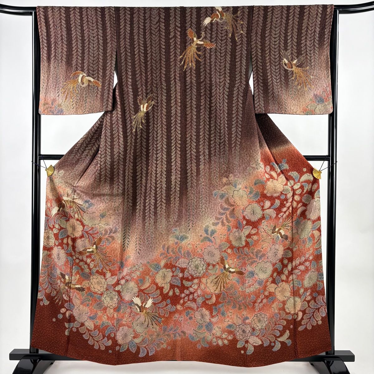 訪問着 身丈159 cm 裄丈64.5 M 袷 鳳凰 辻が花柄 金通し 金糸 赤茶 正絹 名品