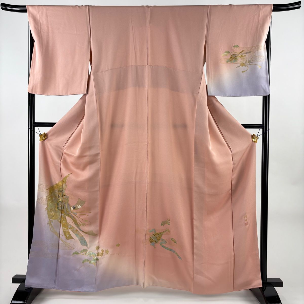 付下げ 身丈162 5 cm 裄丈66 M 袷 藤本隆士 落款 几帳 御所車 金銀彩 螺鈿 ピンク 正絹