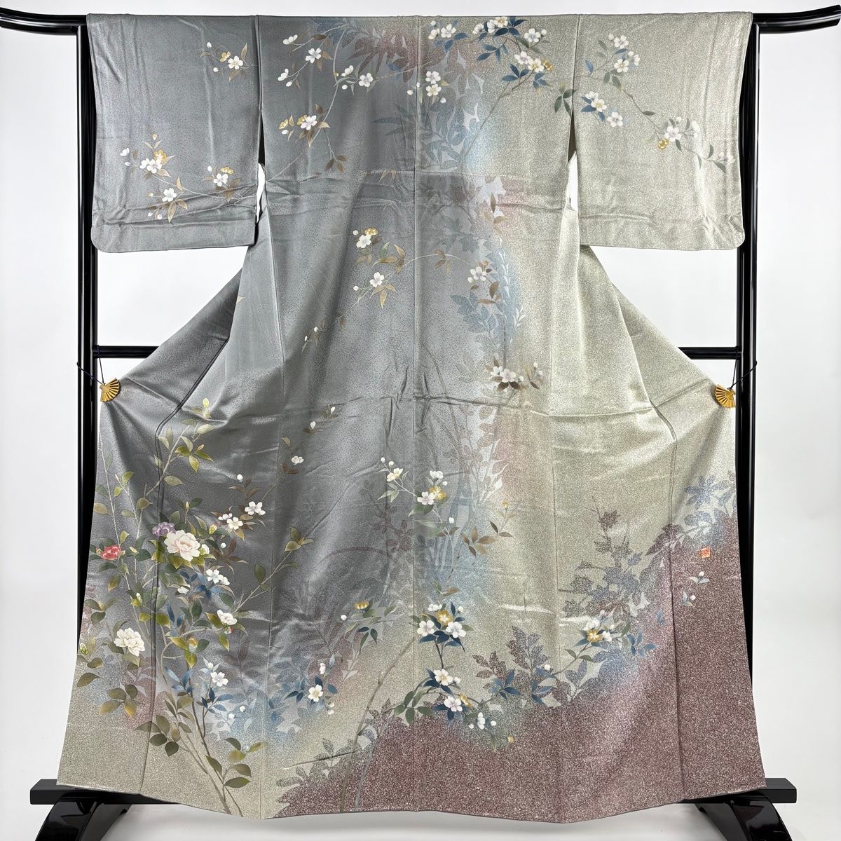 訪問着 身丈162 cm 裄丈65 M 袷 落款 枝花 シルエット 金彩 ぼかし 灰色 正絹 名品