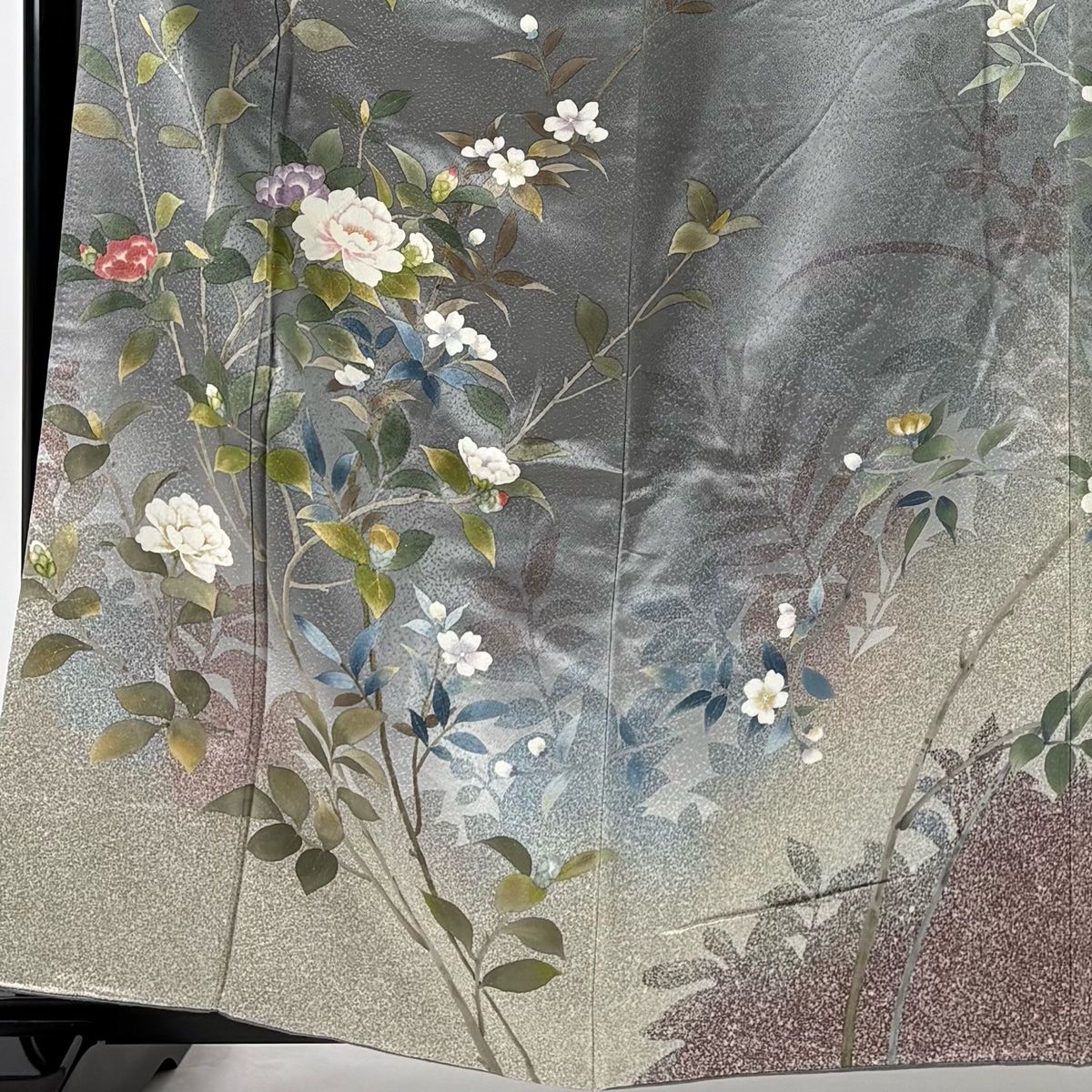 訪問着 身丈162 cm 裄丈65 M 袷 落款 枝花 シルエット 金彩 ぼかし 灰色 正絹